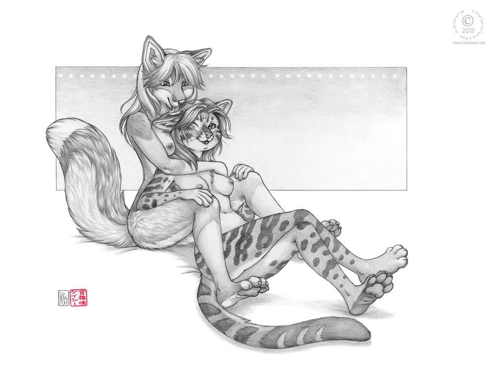 anthro breasts canine claws duo feline female fox interspecies kacey lesbian licking mammal monochrome nipples nude ocelot one_eye_closed toe_claws tongue whiskers