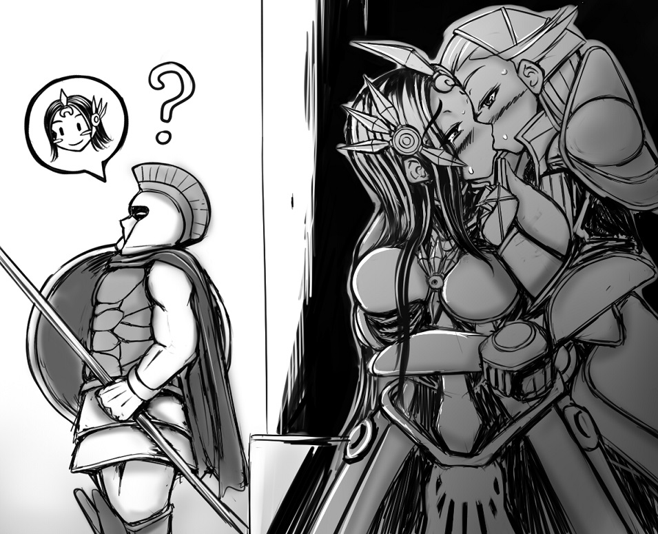 2girls armor diana_(league_of_legends) forehead_protector greyscale kiss league_of_legends leona_(league_of_legends) long_hair monochrome multiple_girls oldlim pantheon_(league_of_legends) shield weapon yuri