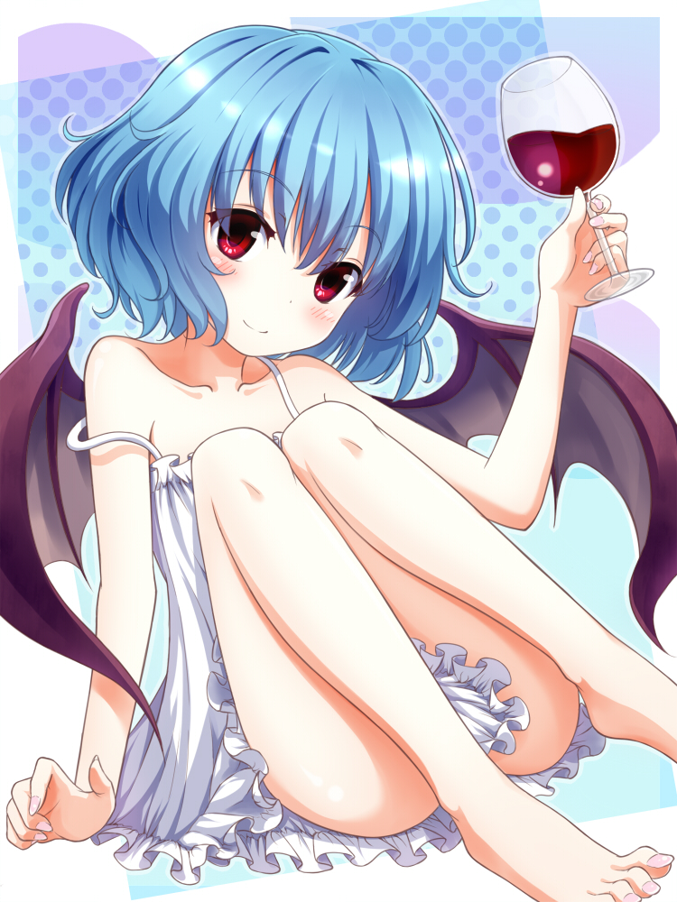 bare_shoulders barefoot bat_wings blue_hair blush chemise cup drinking_glass glass looking_at_viewer mount_whip off_shoulder red_eyes remilia_scarlet short_hair sitting smile solo strap_slip touhou wine_glass wings