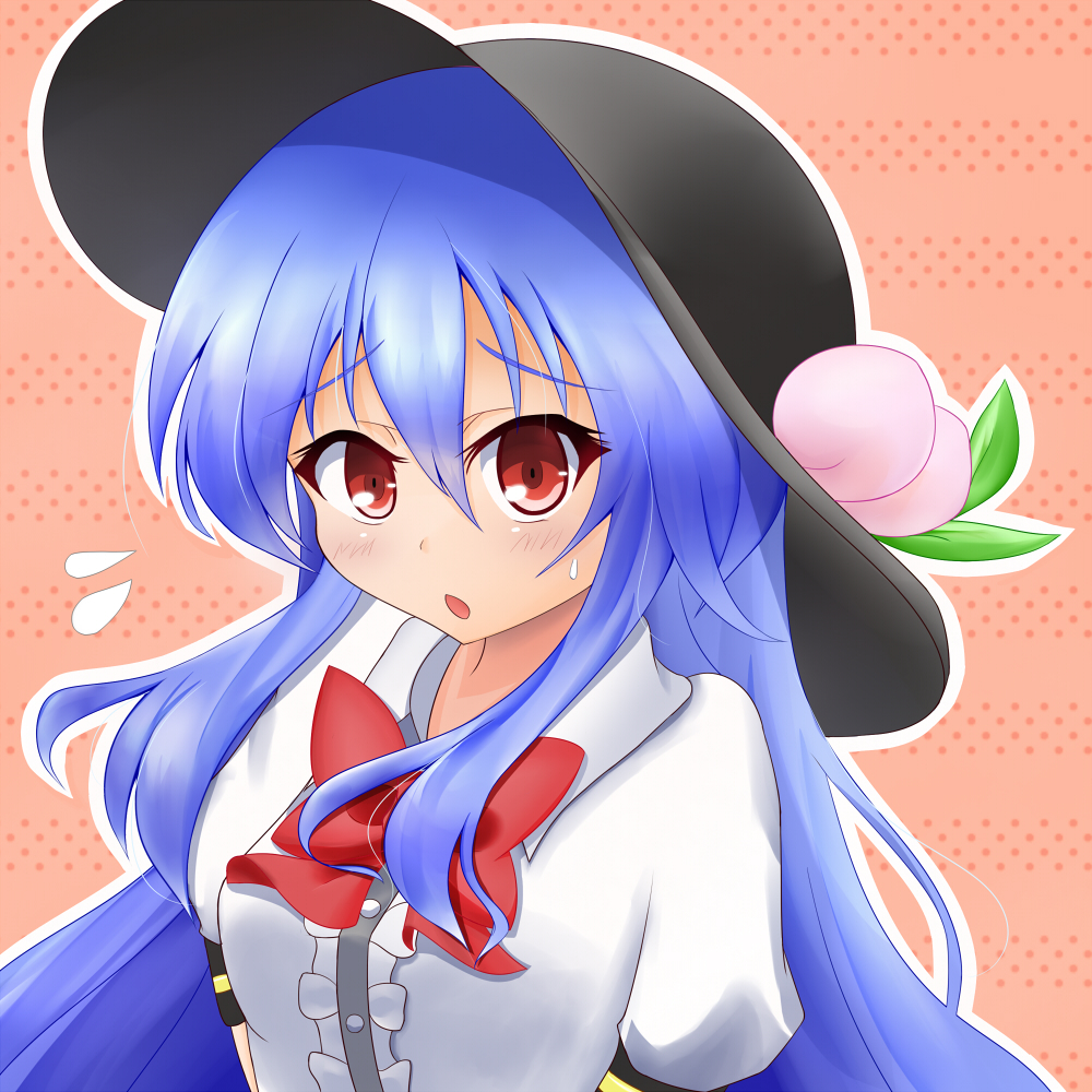 :o blouse blue_hair bow flying_sweatdrops food fruit hat hinanawi_tenshi leaf long_hair looking_at_viewer peach pink_background polka_dot polka_dot_background short_sleeves solo striped striped_background sweatdrop touhou upper_body ymd_(holudoun)