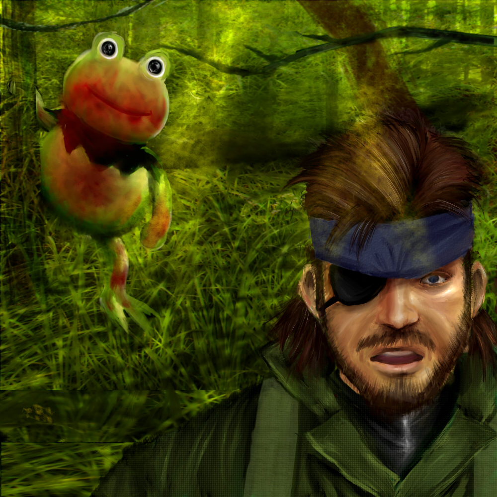 :o ambush beard blood brown_hair eyepatch facial_hair frog grass headband jungle kerotan looking_at_viewer male_focus metal_gear_(series) metal_gear_solid_3 mustache naked_snake nature open_mouth outdoors plant tree upper_body you_gonna_get_raped