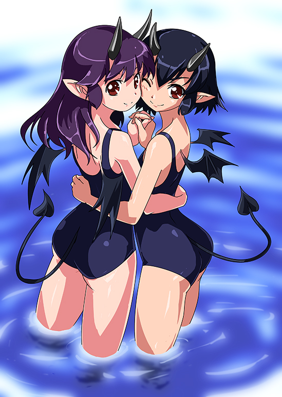 ;) ass bad_id bad_pixiv_id black_hair blush demon_girl demon_tail demon_wings from_behind holding_hands horns interlocked_fingers long_hair looking_at_viewer looking_back multiple_girls one-piece_swimsuit one_eye_closed original pointy_ears purple_hair red_eyes rohitsuka school_swimsuit short_hair smile swimsuit tail wading water wings