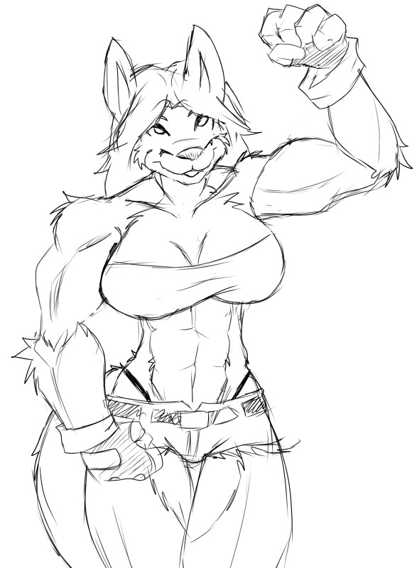 big_breasts breasts canine clothed clothing coyote female gloves jenna_stone joykill mammal muscles muscular_female plain_background shorts sketch solo thong tube_top