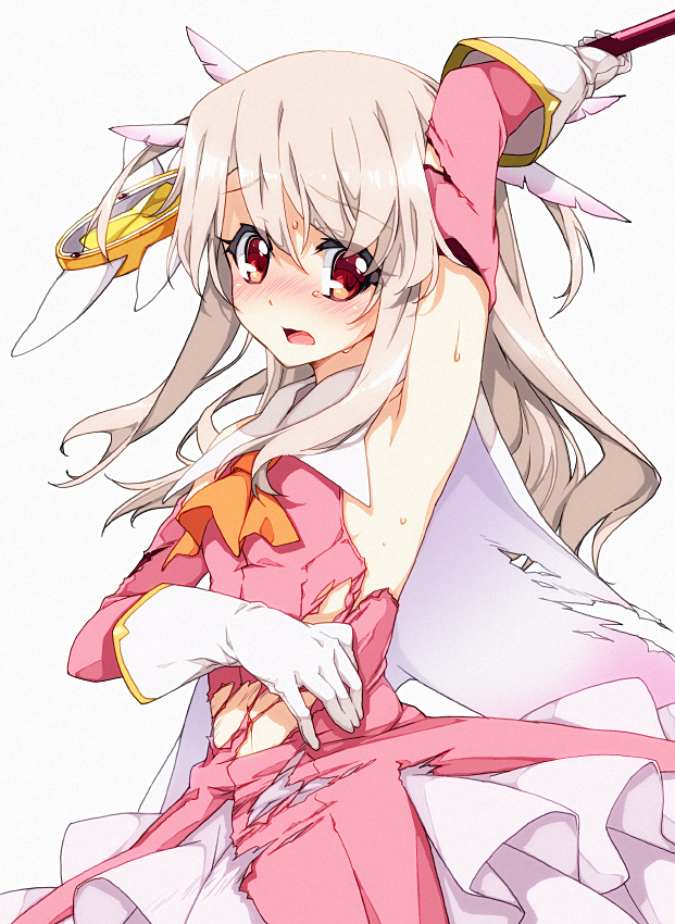 arm_up armpits blush cape dress elbow_gloves fate/kaleid_liner_prisma_illya fate_(series) feathers frilled_skirt frills gloves hair_feathers illyasviel_von_einzbern kaleidostick light_brown_hair long_hair magical_girl pink_dress prisma_illya red_eyes saipaco simple_background skirt solo sweat torn_cape torn_clothes torn_dress wand white_background white_gloves