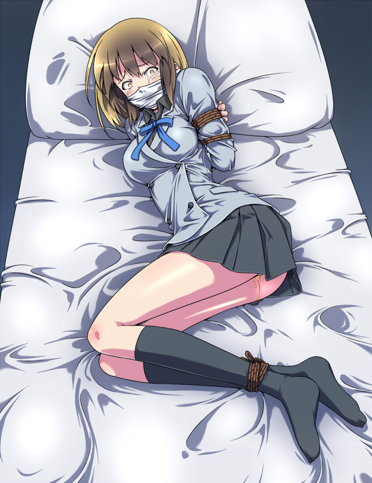 1girl bdsm black_legwear bondage bound brown_eyes brown_hair devil_survivor_2 kneehighs megami_ibunroku_devil_survivor nitta_io pillow sakuraba_tsukasa school_uniform short_hair