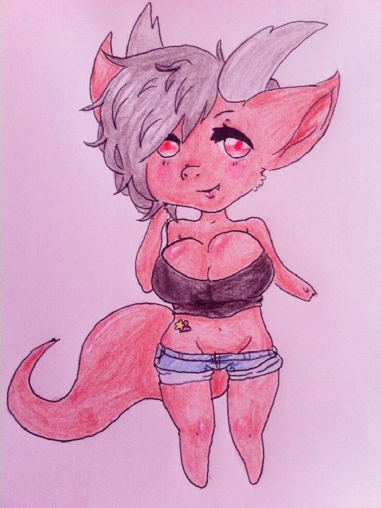 &lt;3_tattoo ahoykitty anthro bare_shoulders barefoot big_breasts black_shirt blush breasts chibi cleavage clothed clothing colored_pencil_(art) denim_shorts dragon female full-length_portrait grey_hair grey_horns hair horn huge_breasts looking_at_viewer ninavor ninavor_emtherum pink_background pink_body pink_theme plain_background pointy_ears red_eyes shorts shy simple_background skimpy spread_legs spreading standing star_tattoo tattoo thick_tail traditional_media twirling_hair