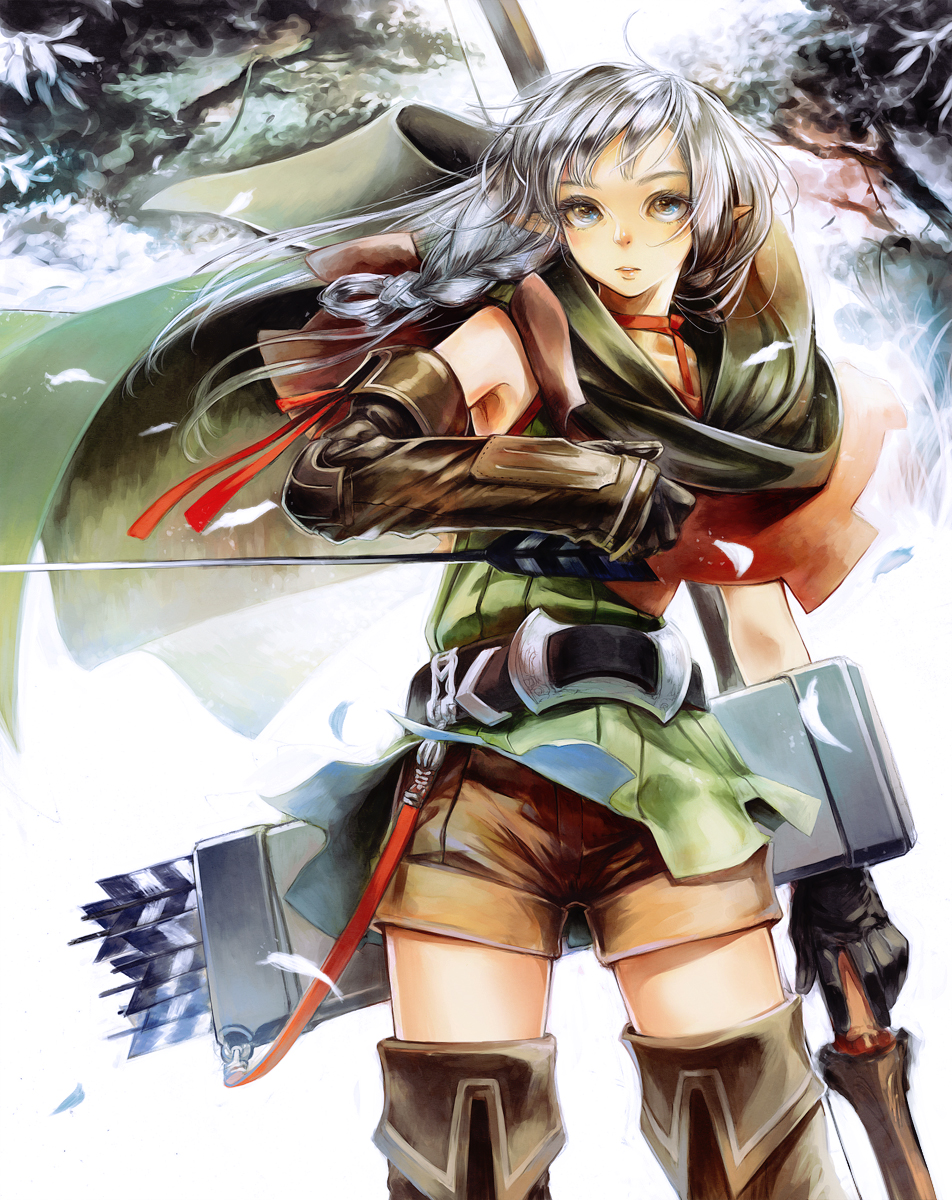 arrow bad_id bad_pixiv_id belt boots bow_(weapon) braid cloak cowboy_shot dragon's_crown elf elf_(dragon's_crown) gloves highres hood hood_down long_hair parted_lips pointy_ears quiver shorts silver_eyes silver_hair solo standing suzume_yuu thigh_boots thighhighs twin_braids weapon