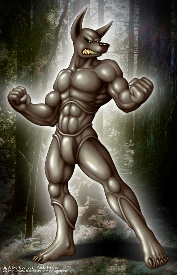 abs angry anthro biceps black_nose canine claws clenched_teeth fangs flexing forest fur geminisaint male mammal muscles pecs pose solo standing teeth toe_claws tree white_eyes wolf