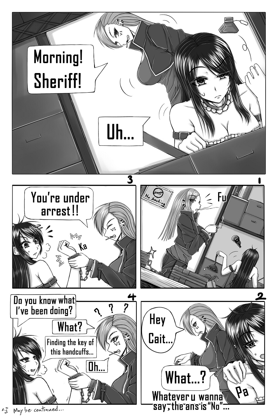 bad_id bad_pixiv_id breasts caitlyn_(league_of_legends) cigarette cleavage comic cuffs english greyscale handcuffs highres league_of_legends long_hair medium_breasts monochrome multiple_girls oldlim smoking vi_(league_of_legends)