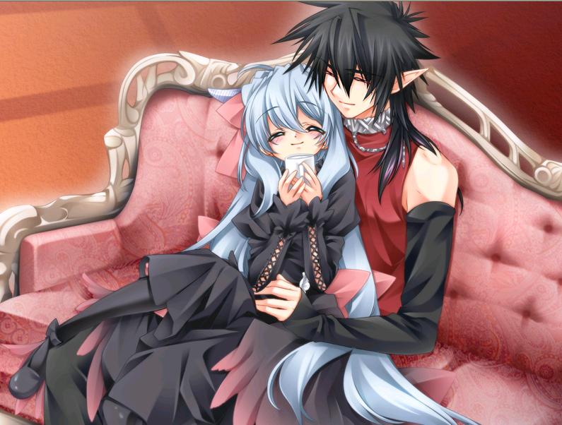 1girl ^_^ ashe_(under_the_moon) black_hair blue_hair blush closed_eyes couch couple cup detached_sleeves dress game_cg happy hetero long_hair mug pantyhose pointy_ears sitting sitting_on_lap sitting_on_person smile toujou_sakana under_the_moon very_long_hair zero_(under_the_moon)