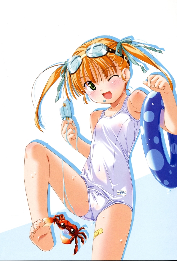 ;d bandaid bandaid_on_leg barefoot copyright_request covered_navel crab crustacean fang feet flat_chest food food_on_face goggles goggles_on_head green_eyes innertube kuuchuu_yousai leg_lift melting non-web_source one-piece_swimsuit one_eye_closed open_mouth orange_hair popsicle school_swimsuit short_hair smile solo swimsuit twintails wet white_school_swimsuit white_swimsuit