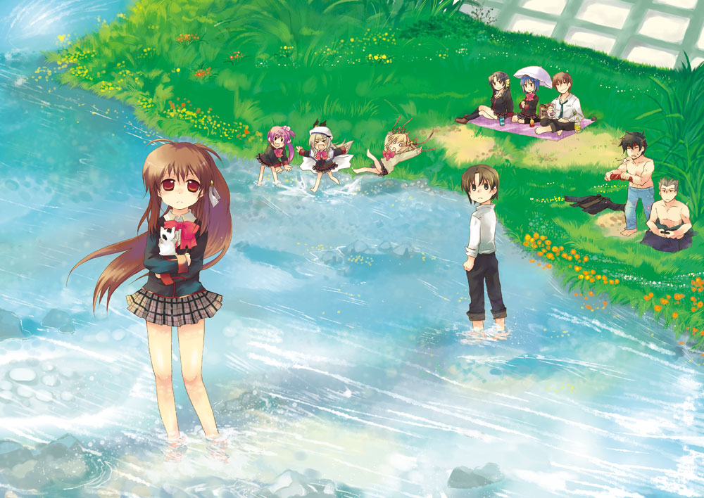 6+girls bad_proportions barefoot bow cat kamikita_komari kurugaya_yuiko little_busters! misaki_kozue multiple_boys multiple_girls natsume_rin nishizono_mio noumi_kudryavka picnic pink_bow river saigusa_haruka umbrella water