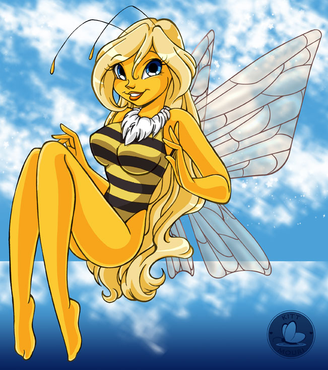 antennae anthro arthropod bee blonde_hair blue_eyes breasts english_text female hair insect kittmouri leotard lips meile text wings
