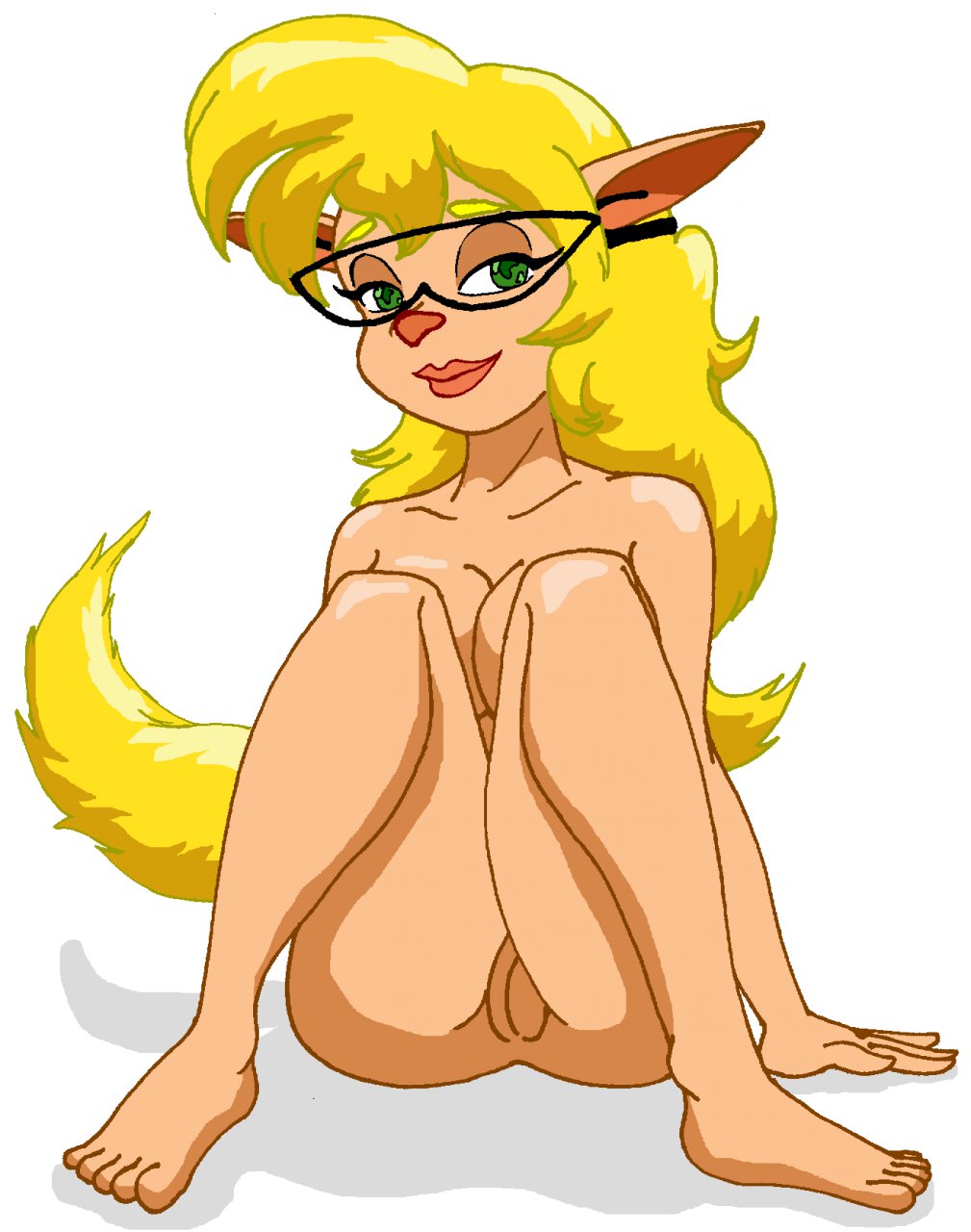 anthro blonde_hair breasts butt callie_briggs cat cleavage clothed clothing duckymomoisme eyewear feline female fur glasses green_eyes hair half-closed_eyes knees_up looking_at_viewer mammal nude plain_background plantigrade pussy simple_background sitting skin smile solo swat_kats toes white_background yellow_fur