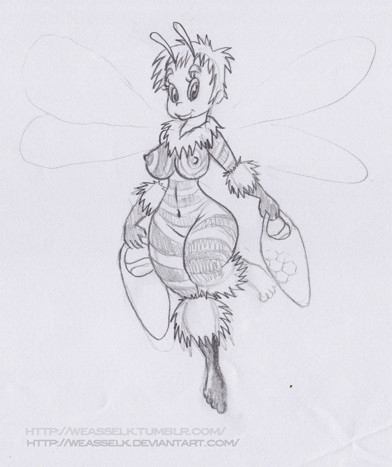 anthro arthropod bee breasts female hair insect nude pencil short_hair sketch smile stripes weasselk
