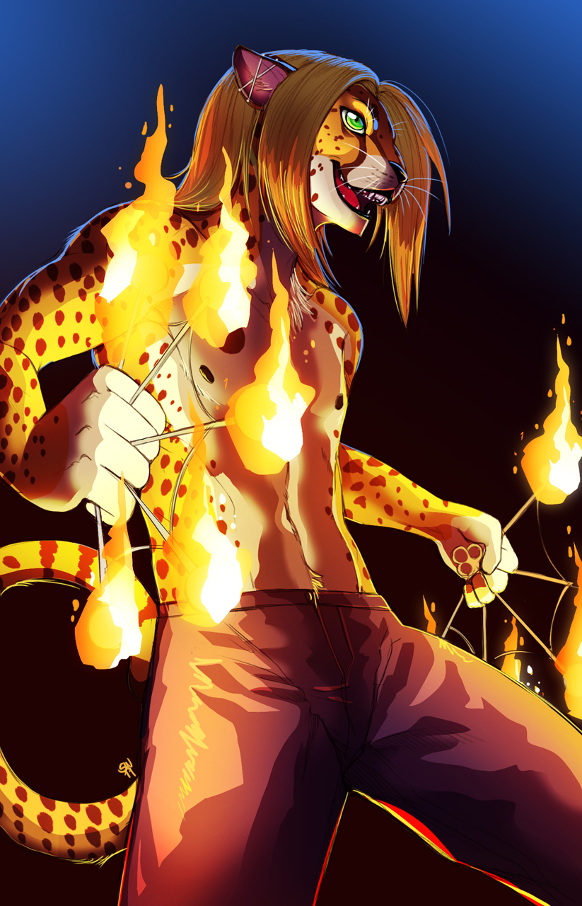 abs biceps black_nose blonde_hair body_markings cheetah clothed clothing ear_piercing fan feline fire fur green_eyes grin hair half-dressed male mammal markings muscles nipples open_mouth pants pecs piercing pose smile solo spots standing teeth tongue topless trousers whiskers whitemantis
