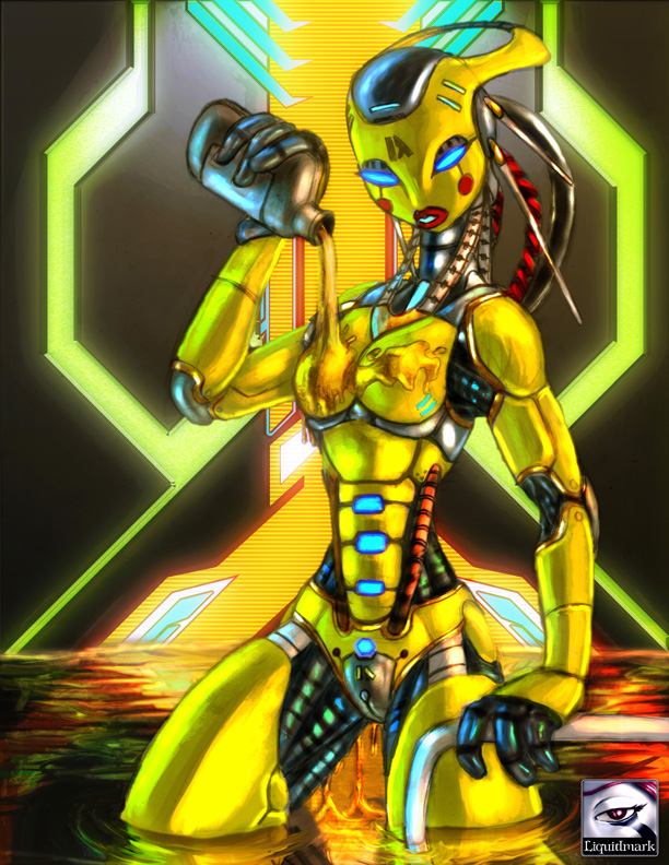 anthro blue_eyes breasts female liquidmark looking_at_viewer machine mechanical nude oil pussy robot solo standing yellow_body