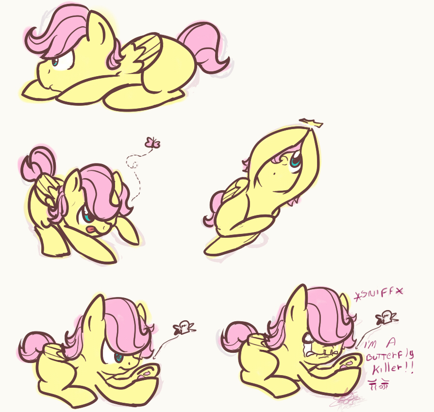butterfly chicasonic comic crying cub dead death english_text equine female feral fluttershy_(mlp) friendship_is_magic fur hair hair_over_eyes insect jumping lying mammal my_little_pony nolycs open_mouth pegasus pink_hair plain_background tears teeth text tongue tongue_out white_background wings yellow_fur young