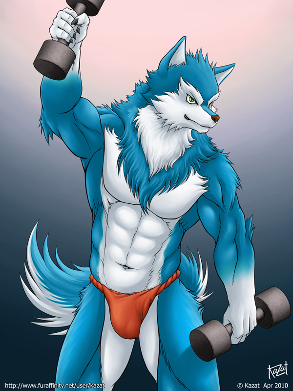 abs anthro biceps big_muscles blue_fur brown_nose bulge canine dog fox fundoshi fur green_eyes green_fur grin husky kazat kemono loincloth male mammal muscles pecs plain_background pose smile solo standing toned topless underwear weight weightlifting weights white_fur