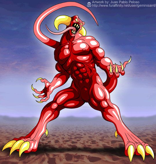 abs anthro biceps bulge claws demon desert fangs geminisaint horn male muscles nipples nude open_mouth pecs pose red_skin scales solo standing teeth toe_claws tongue tongue_out yellow_eyes