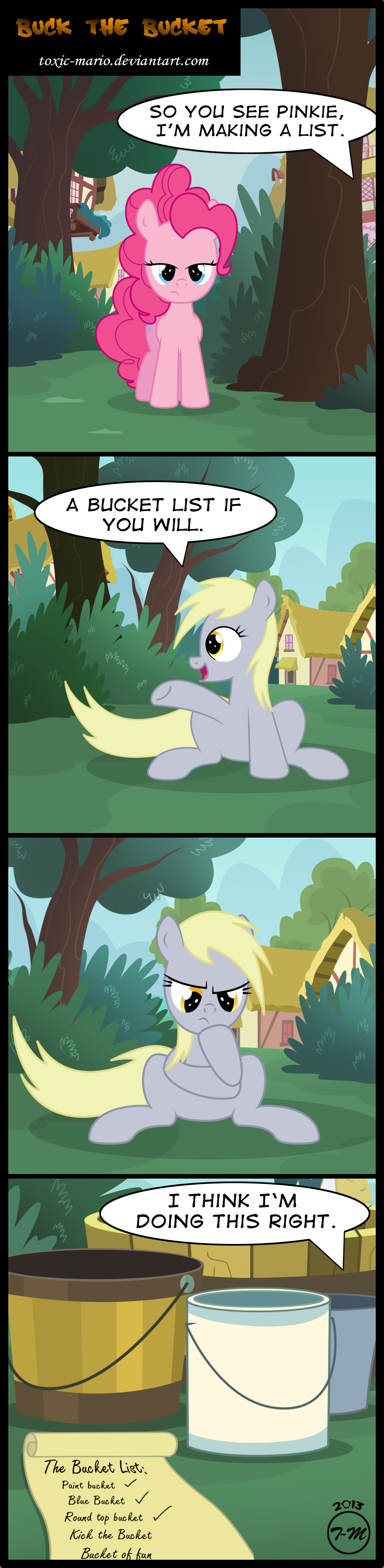 blonde_hair blue_eyes bucket building bushes city comic cutie_mark derpy_hooves_(mlp) dialog duo english_text equine female feral friendship_is_magic frown fur grass hair horse humor list long_hair looking_at_viewer mammal my_little_pony open_mouth outside paper pegasus pink_fur pink_hair pinkie_pie_(mlp) pony shadow sitting sky smile standing surgicalarts text tongue toxic-mario tree window wings