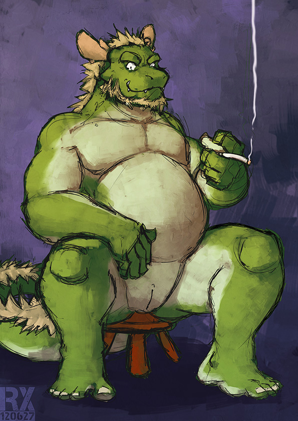 anthro biceps big_muscles chinese_dragon chubby cigarette digitigrade dragon genital_slit green_dragon green_skin horn looking_at_viewer male morenatsu muscles nude pecs scalie slit solo spread_legs spreading tappei