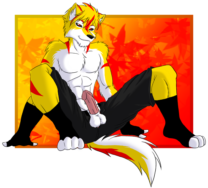 abs anthro balls biceps black_nose body_markings boxers canine chest_tuft circumcised clothing erection fur grin humanoid_penis looking_at_viewer male mammal markings muscles pecs penis pose presenting red_eyes red_fur sapphwolf_(artist) sheath shorts sitting smile socks solo stripes topless tuft underwear white_fur wolf yellow_fur