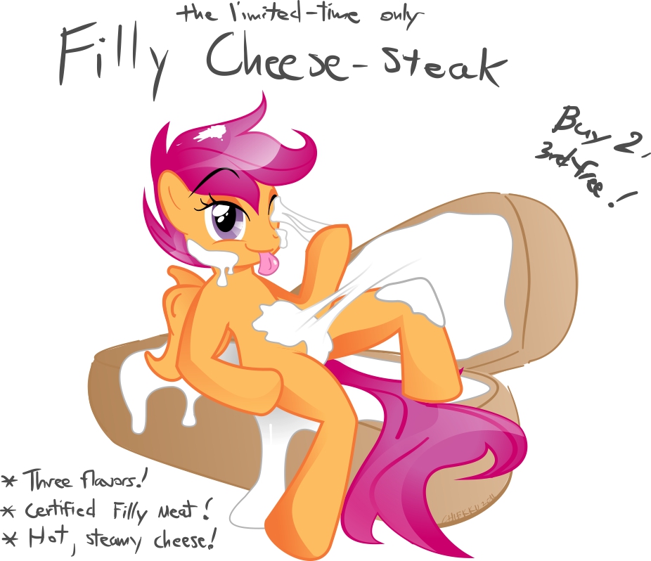 chiekku english_text equine female food friendship_is_magic fur hair horse humor mammal my_little_pony one_eye_closed orange_fur pegasus plain_background pony pun purple_eyes purple_hair sandwich sandwich_(food) scootaloo_(mlp) sitting smile solo sticky text tongue tongue_out white_background wings