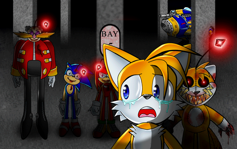 animated anthro black_sclera blood blue_eyes canine creepy crying evil_grin fox glowing glowing_eyes group hedgehog horror human imminent_death knuckles_the_echidna looking_back lord-kiyo male mammal miles_prower nightmare_fuel red_eyes robotnik scared scary sega smile sonic_(series) sonic_the_hedgehog tails_doll