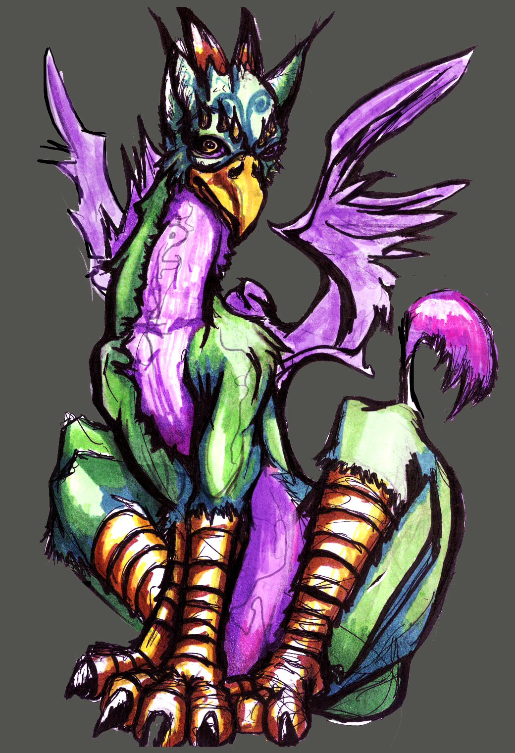 all_fours ambiguous_gender avian beak claws dutch_hunger_winter feral fur green_fur grey_background gryphon horn invalid_color looking_at_viewer plain_background purple_fur simple_background sitting solo spread_wings thatwhitefox toe_claws unknown_species wings yellow_eyes