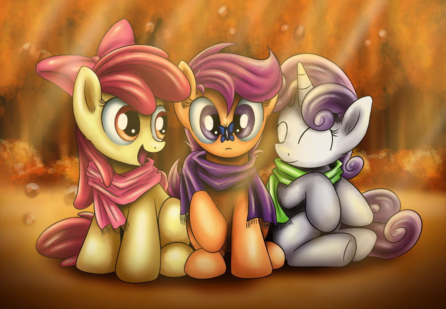 2013 amber_eyes apple_bloom_(mlp) autumn bow butterfly equine eyes_closed female friendship_is_magic group hair high-roller2108 horn horse insect light my_little_pony outside pegasus pink_hair pony purple_eyes purple_hair red_hair scarf scootaloo_(mlp) sitting sweetie_belle_(mlp) tree two_tone_hair unicorn wings young