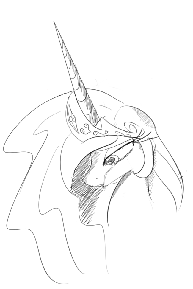 equine female feral friendship_is_magic frown horn horse looking_down mammal monochrome my_little_pony plain_background pony princess princess_celestia_(mlp) royalty sad sketch tears teeth tiara white_background winged_unicorn wings zev