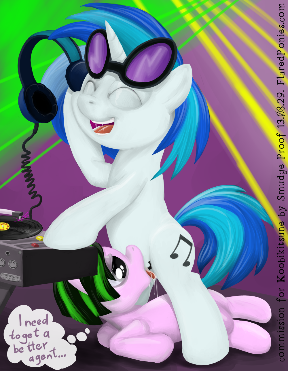 blue_hair cub cunnilingus cutie_mark dj duo english_text equine eyes_closed eyewear female feral friendship_is_magic fur hair headphones horn horse lesbian mammal my_little_pony oral oral_sex original_character pink_fur pony record sex smile smudge_proof sunglasses text turntables two_tone_hair unicorn vaginal vinyl_scratch_(mlp) white_fur young