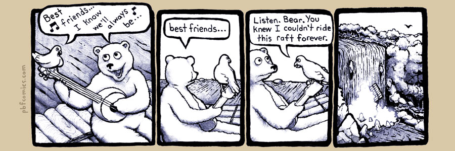 anthro avian bear bird comic dialog english_text eye_contact floating flying forest friends fur humor imminent_death mammal monochrome music nicholas_gurewitch peril perry_bible_fellowship raft river singing text tree water waterfall
