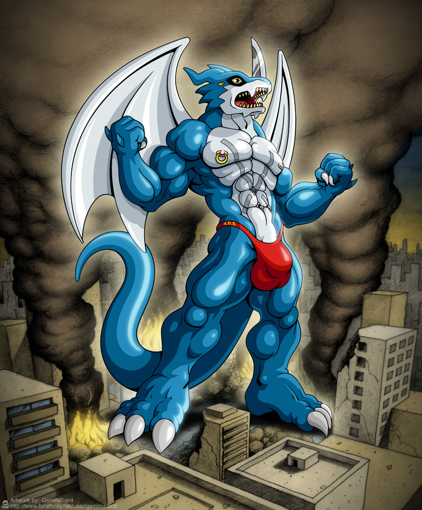 3_toes abs anthro biceps blade blue_skin bulge city claws destruction digimon digitigrade exveemon fangs fire geminisaint grey_skin horn macro male muscles navel nipple_piercing nipples open_mouth pecs piercing pose reptile scales scalie smoke solo speedo spread_wings standing swimsuit teeth thick_tail toe_claws toned tongue topless underwear wings