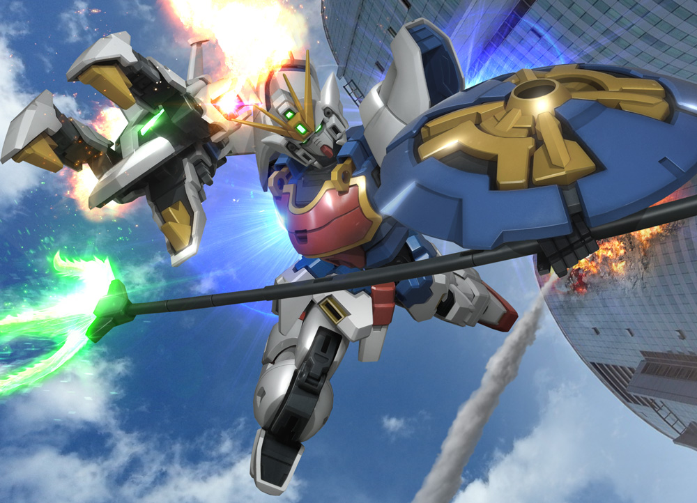 beam_trident blue_sky building city cloud damaged dragon fire glowing glowing_eyes gundam gundam_wing hiropon_(tasogare_no_puu) mecha no_humans photo_background polearm realistic science_fiction shenlong_gundam shield sky trident weapon