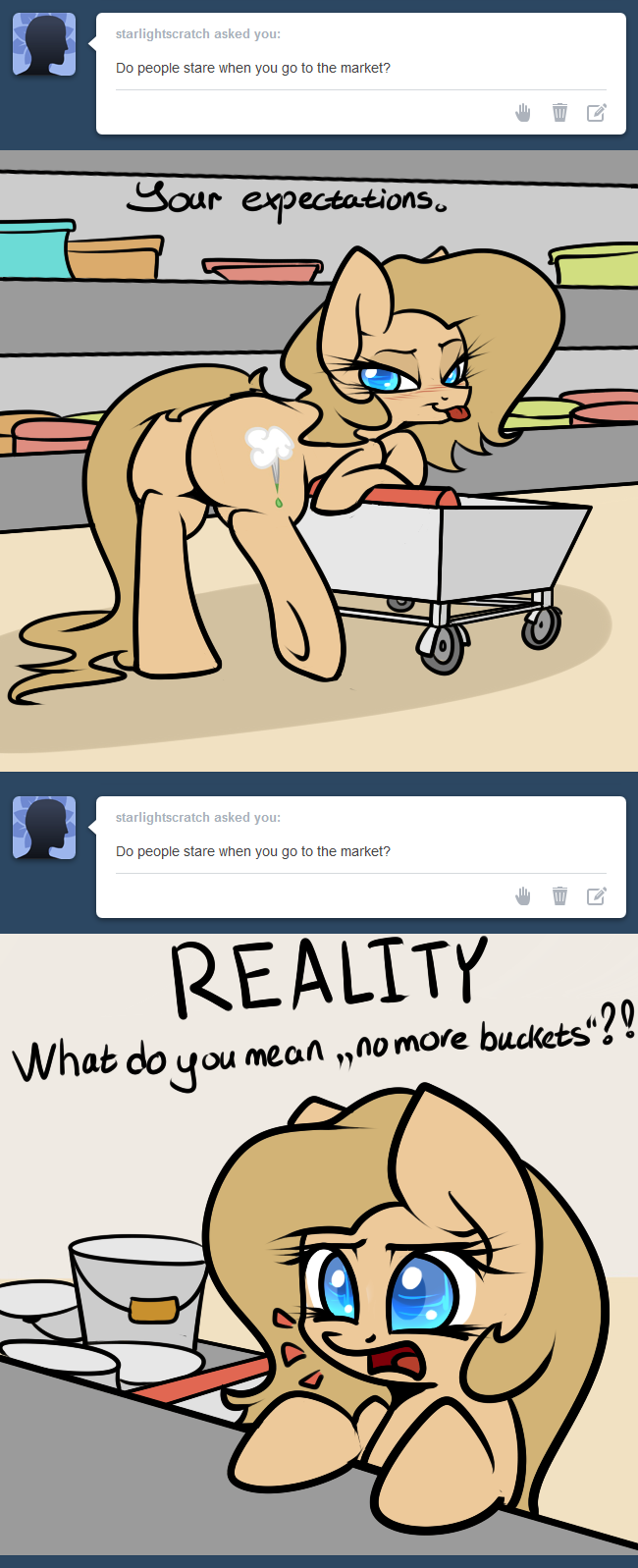 bent_over blue_eyes blush brown_hair bucket butt counter cutie_mark dialog equine female feral friendship_is_magic fur hair horse inside looking_at_viewer looking_back mammal my_little_pony open_mouth original_character pony presenting presenting_hindquarters seductive shelves shopping_cart slavedemorto tan_fur text tongue tongue_out tumblr yelling
