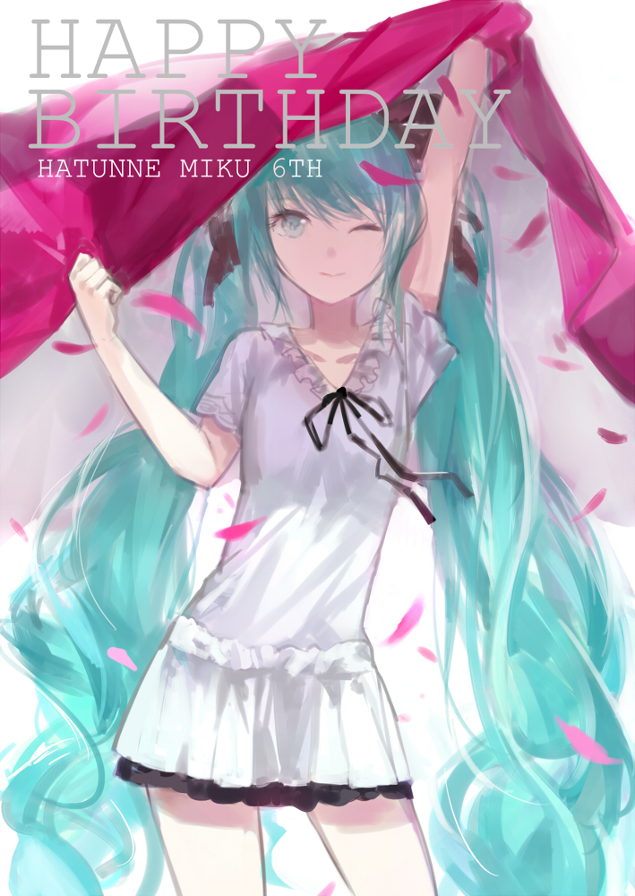 aqua_eyes aqua_hair cotta dress happy_birthday hatsune_miku long_hair one_eye_closed petals smile solo twintails vocaloid