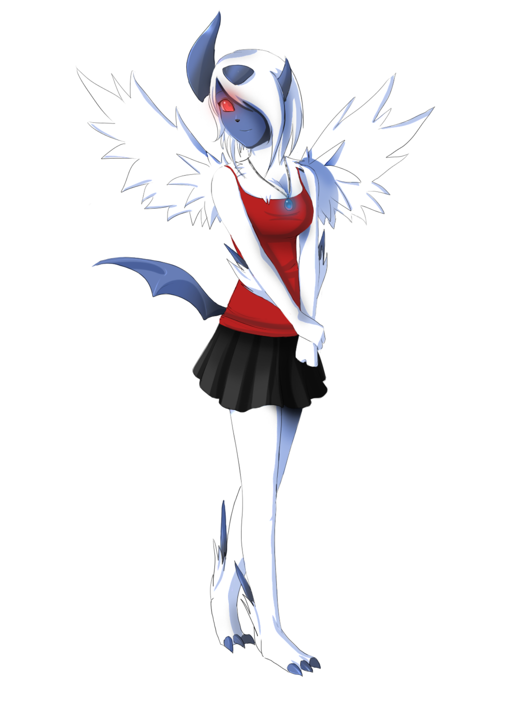 absol angeliqua_belle anthro black_skin breasts clothed clothing female fur hair_over_eyes horn jewelry looking_at_viewer mega_absol mega_evolution necklace nintendo pok&eacute;mon red_eyes skirt smile solo video_games white_fur wings winter-wanderer
