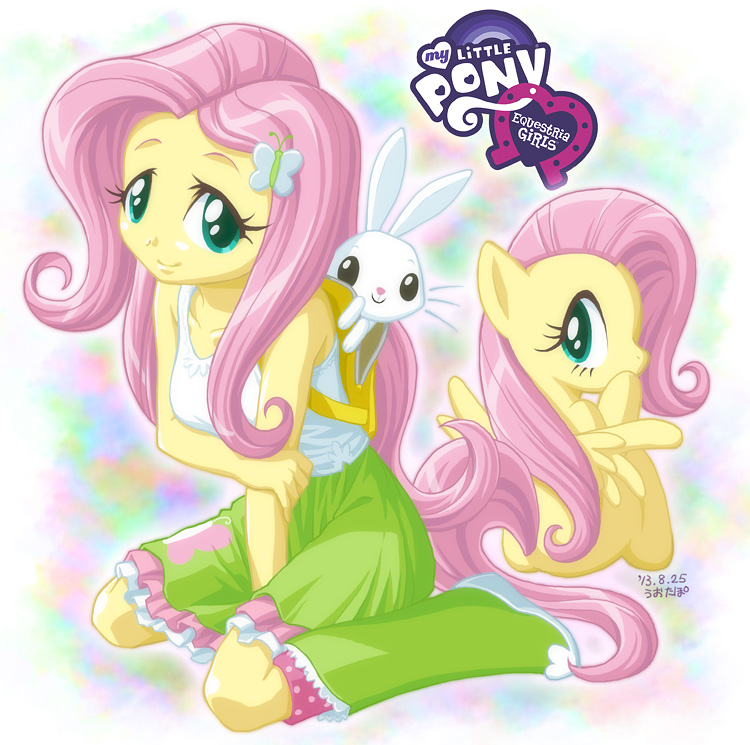 back_to_back breasts clothed clothing cutie_mark duo equestria_girls equine female feral fluttershy_(eg) fluttershy_(mlp) friendship_is_magic horse human humanized mammal my_little_pony pony sitting size_difference skirt smile square_crossover striped_skirt text uotapo white_shirt yellow_skin