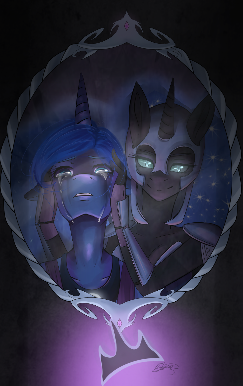 anthro anthrofied armor blue_eyes blue_hair breasts cat_eyes chiakitasso cleavage clothed clothing duo equine female friendship_is_magic gauntlet hair helmet holding_head horn horse mammal mirror my_little_pony nightmare_moon_(mlp) pony princess_luna_(mlp) shirt slit_pupils sparkles tears vest winged_unicorn wings