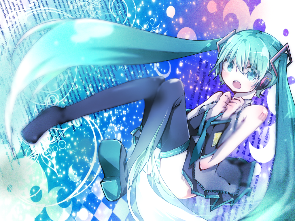 aqua_eyes aqua_hair boots detached_sleeves hatsune_miku headphones long_hair necktie open_mouth panties skirt solo striped striped_panties thigh_boots thighhighs twintails underwear very_long_hair vocaloid