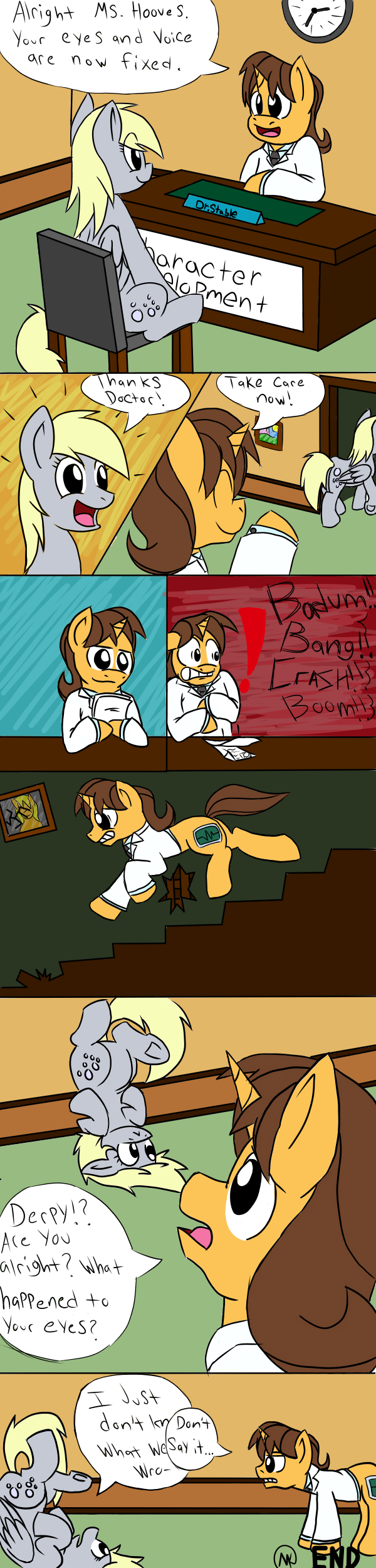 amber_eyes arm_support blonde_hair brown_hair chair clock clothing comic cutie_mark derp_eyes derpy_hooves_(mlp) desk dialog doctor doorway duo english_text equine eyes_closed female feral friendship_is_magic frown fur grey_fur hair horn horse humor long_hair looking_at_viewer male mammal mariokid97 medical my_little_pony necktie open_mouth paper pegasus photo pony sitting smile spread_legs spreading stairs standing teeth text tongue unicorn upside_down wings yellow_eyes
