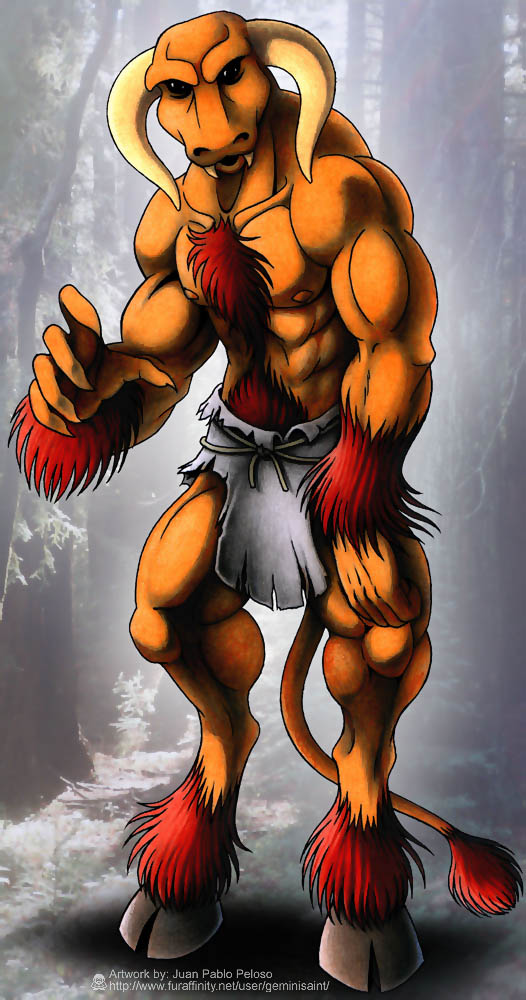 abs anthro biceps big_muscles black_eyes bovine brown_fur chest_tuft claws fangs fur geminisaint hooves horn loincloth male mammal muscles nipples pecs pose pubes red_fur solo standing teeth topless tuft