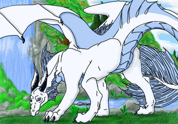 and black_claws black_horns blue_eyes blue_markings bringer butt color digital digital_drawing_(art) digital_media_(art) dragon dungeons dungeons_&amp;_dragons female feral forest frills full-length_portrait gaming guarding hind home hybrid landscape looking_at_viewer markings mixed_media paws quadruped roleplay rp scales scenery side_view silver solo standing storm storm_bringer stream tabletop tree water waterfall white_dragon_(d&amp;d) white_skin wings