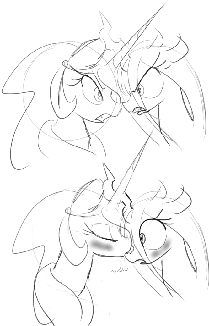 blush changeling clenched_teeth duo equine eye_contact eyes_closed female feral friendship_is_magic hair horn horse kissing long_hair mammal monochrome my_little_pony open_mouth pony princess_celestia_(mlp) queen_chrysalis_(mlp) royalty sharp_teeth sketch teeth winged_unicorn wings zev