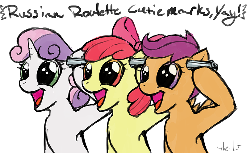 amber_eyes apple_bloom_(mlp) creepy cub cutie_mark_crusaders_(mlp) english_text equine female feral friendship_is_magic fur green_eyes group gun hair horn horse mammal my_little_pony orange_fur paradoxicalreaction pegasus pink_hair plain_background pony purple_eyes purple_hair ranged_weapon red_hair russian_roulette scootaloo_(mlp) signature sweetie_belle_(mlp) text unicorn weapon white_background white_fur wings yellow_fur young