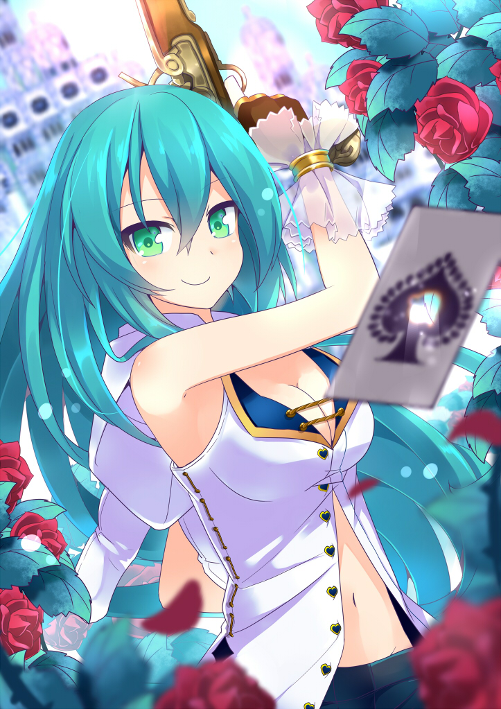 aqua_hair arm_up armpits bad_id bad_pixiv_id bare_arms bare_shoulders breasts brown_gloves card cleavage fingerless_gloves flower gloves green_eyes gun handgun hole long_hair looking_at_viewer medium_breasts midriff navel no_bra nyori original petals red_flower red_rose rose shirt skirt sleeveless sleeveless_shirt smile solo very_long_hair weapon wrist_cuffs