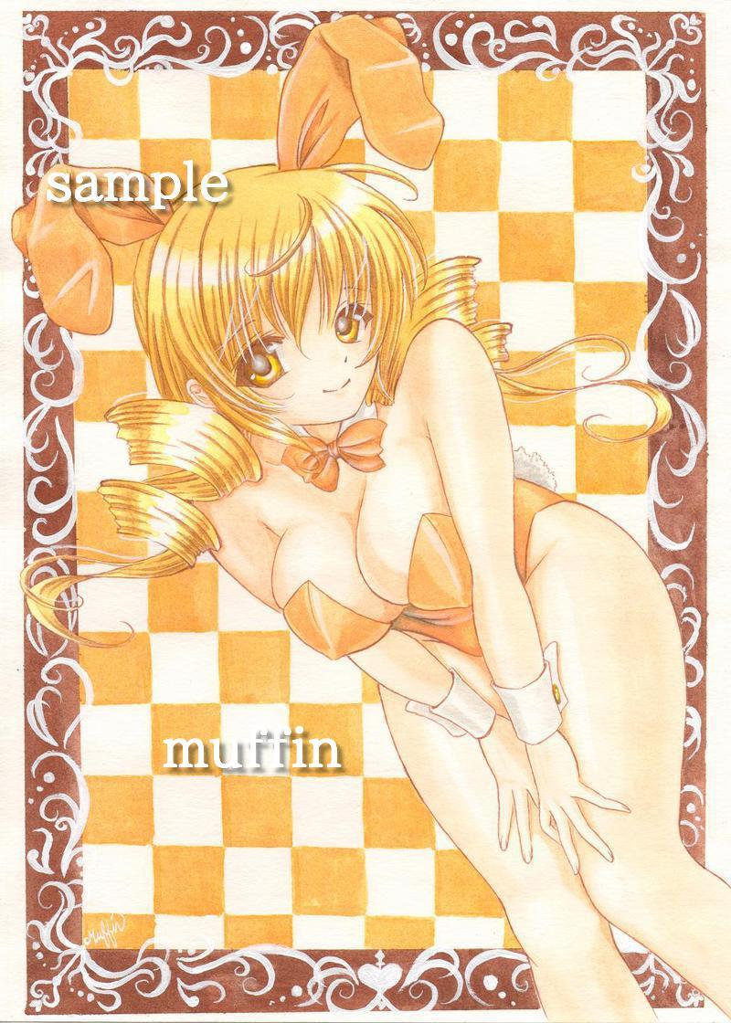 animal_ears artist_name bad_id bad_pixiv_id bare_legs blonde_hair bow bowtie breasts bunny_ears bunnysuit checkered checkered_background cleavage detached_collar drill_hair fake_animal_ears leotard mahou_shoujo_madoka_magica medium_breasts muffin_(sparleshine) orange_leotard smile solo tomoe_mami traditional_media twin_drills twintails wrist_cuffs yellow_eyes