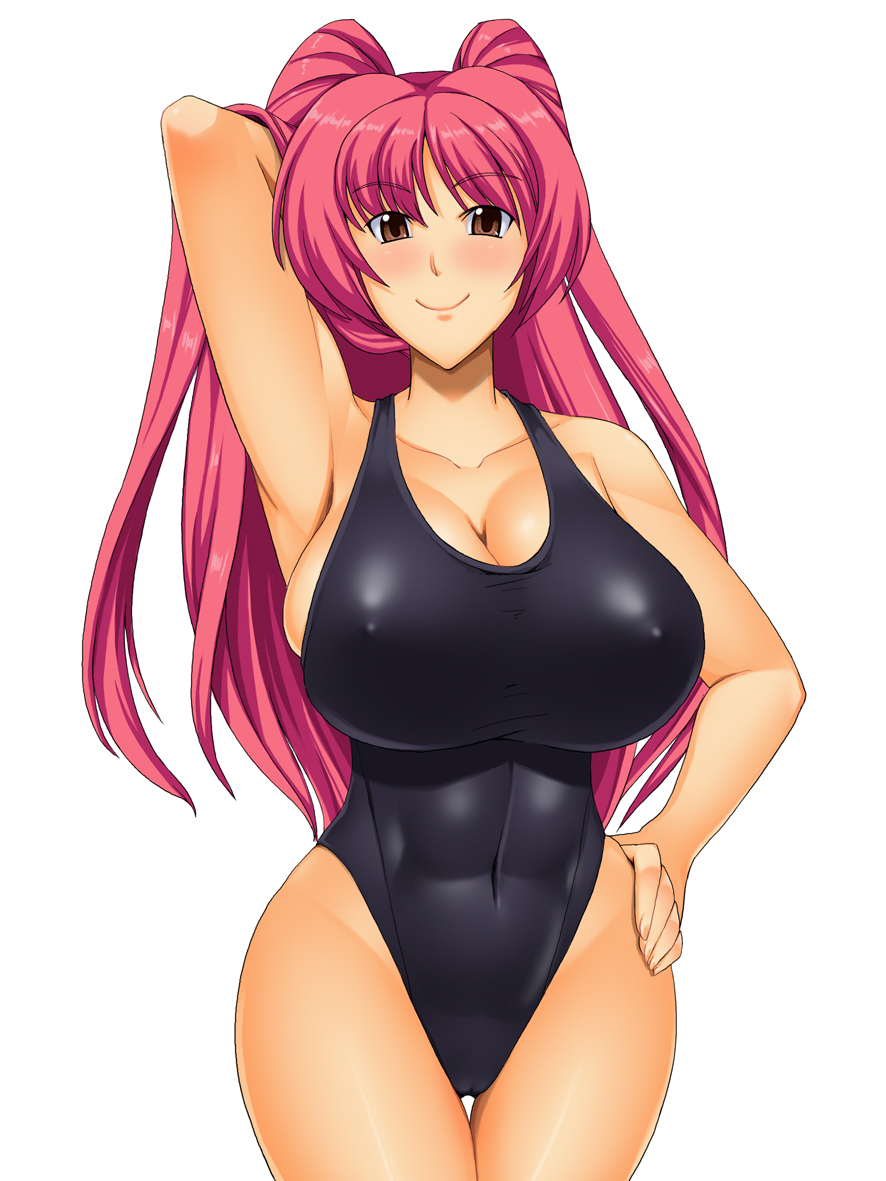 abs arm_up bare_shoulders breasts brown_eyes cameltoe commentary_request covered_navel curvy hand_on_hip highleg highleg_swimsuit huge_breasts impossible_clothes impossible_swimsuit kawanuma_uotsuri kousaka_tamaki looking_at_viewer pink_hair sideboob simple_background skindentation smile solo standing swimsuit taut_clothes taut_swimsuit thigh_gap to_heart_2 white_background wide_hips